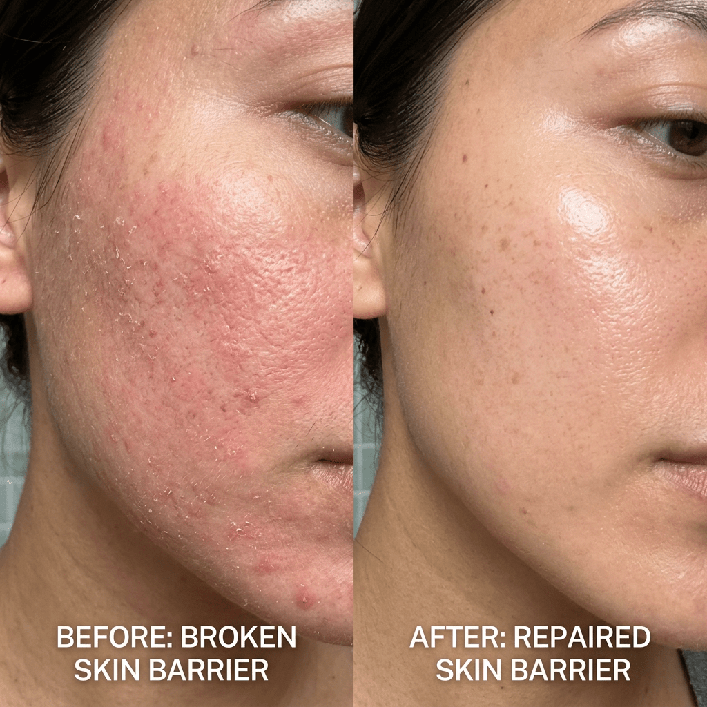 Close-up comparison of cheek with broken skin barrier showing redness and dryness and after repair showing smooth, clear skin
